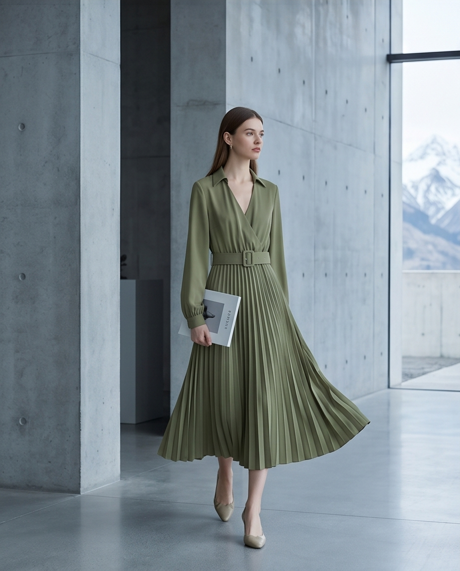 Green Belt Pleated Dress