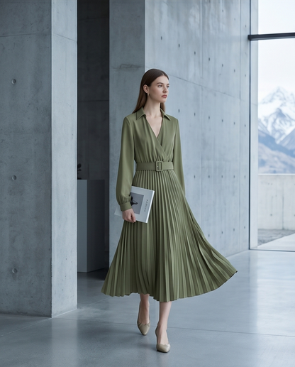 Green Belt Pleated Dress