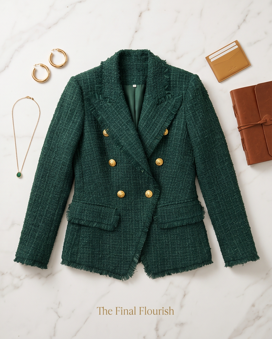 Dark Green Fringe Tweed Slim Fit Blazer