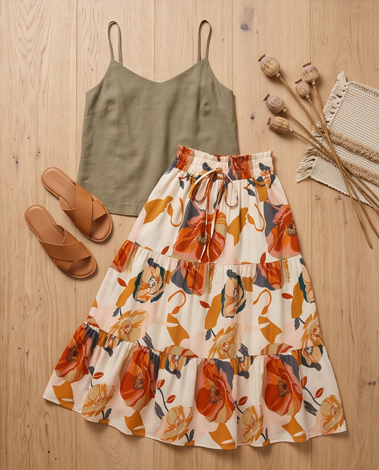 Floral Print Tiered Ruffle Midi Skirt