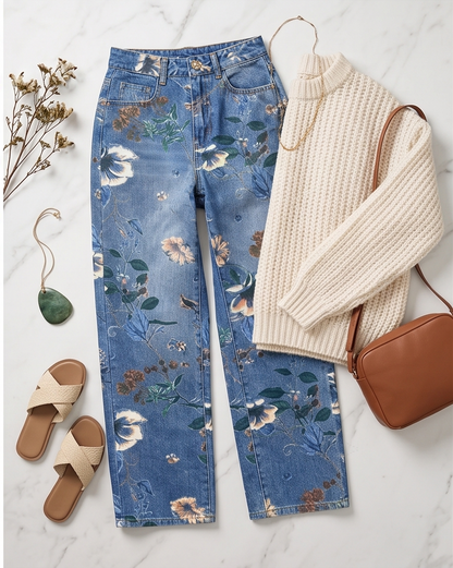 Floral Print Wide Leg Jeans