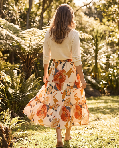 Floral Print Tiered Ruffle Midi Skirt