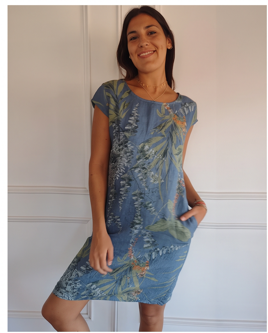 Cotton Linen Printed Dress w/ Pockets