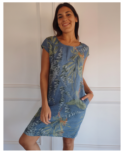 Cotton Linen Printed Dress w/ Pockets