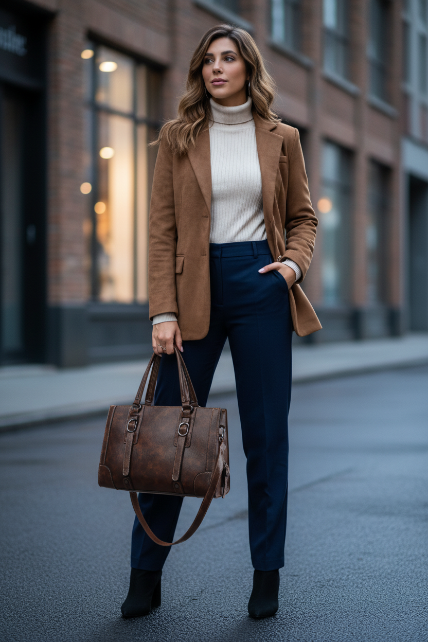 Winter Editorial — Camel Blazer & Coffee Dina Tote