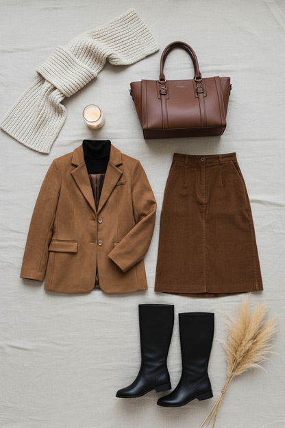 Winter Flat Lay — Blazer, Corduroy Skirt, Boots & Tote